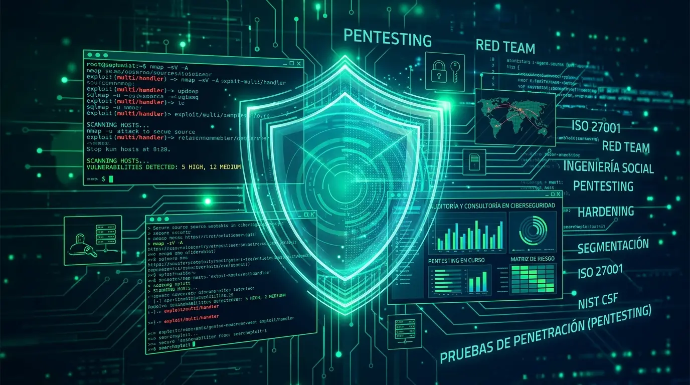 Escudo de seguridad rodeado de terminales de pruebas de penetración y matriz de riesgo