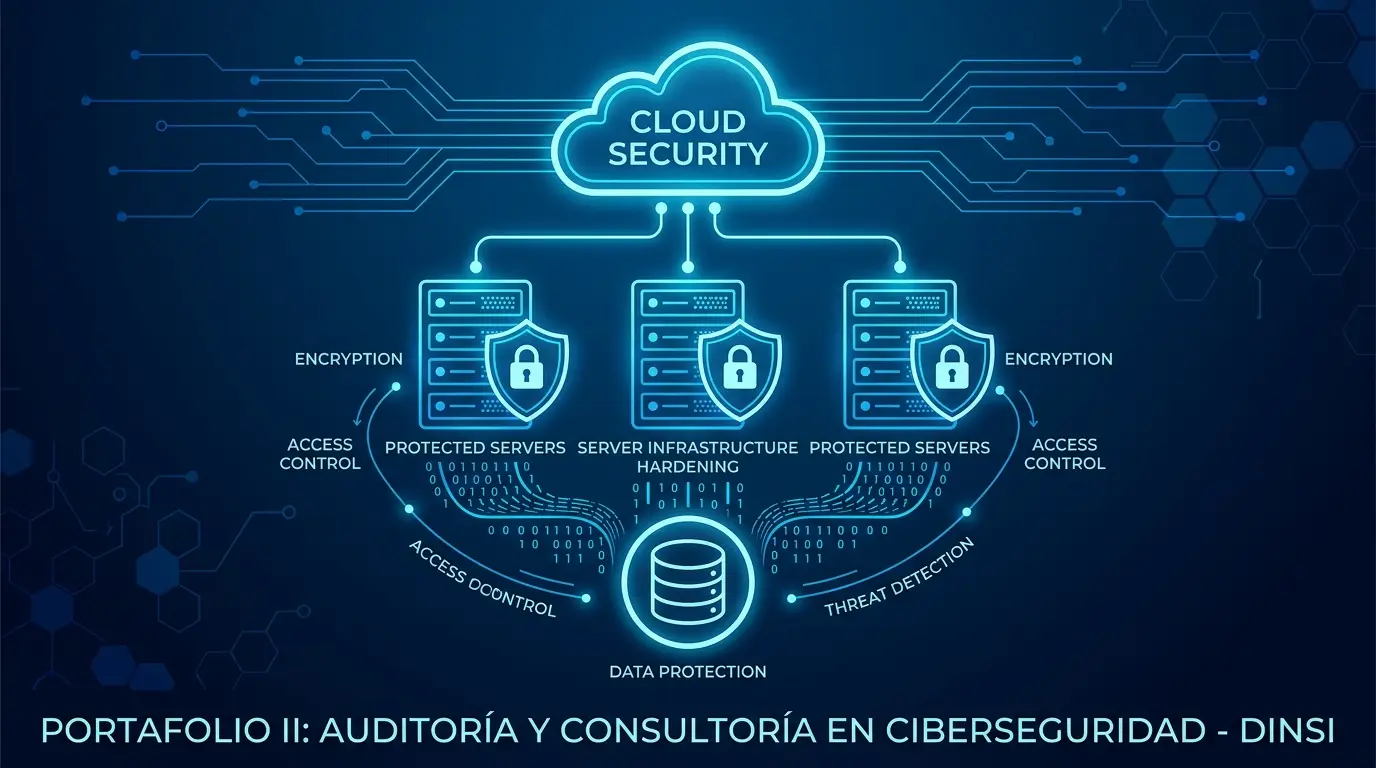 Esquema de seguridad en la nube con servidores protegidos, cifrado y control de accesos