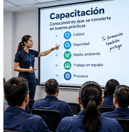 Sesión de capacitación en calidad, seguridad, medio ambiente, trabajo en equipo y procesos