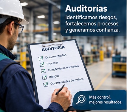 Auditor revisando en planta una lista de verificación de auditoría: documentación, procesos, cumplimiento normativo, riesgos y oportunidades de mejora