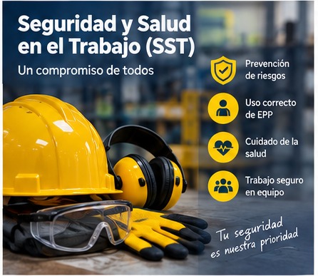 Pieza gráfica sobre seguridad y salud en el trabajo: prevención de riesgos, uso correcto de EPP, cuidado de la salud y trabajo seguro en equipo