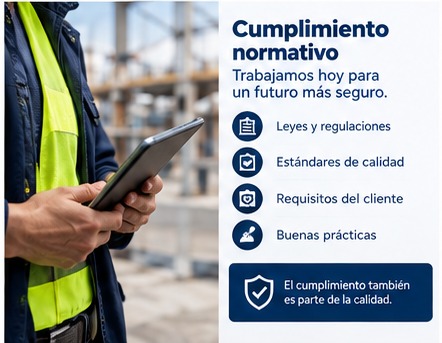 Pieza gráfica sobre cumplimiento normativo: leyes y regulaciones, estándares de calidad, requisitos del cliente y buenas prácticas